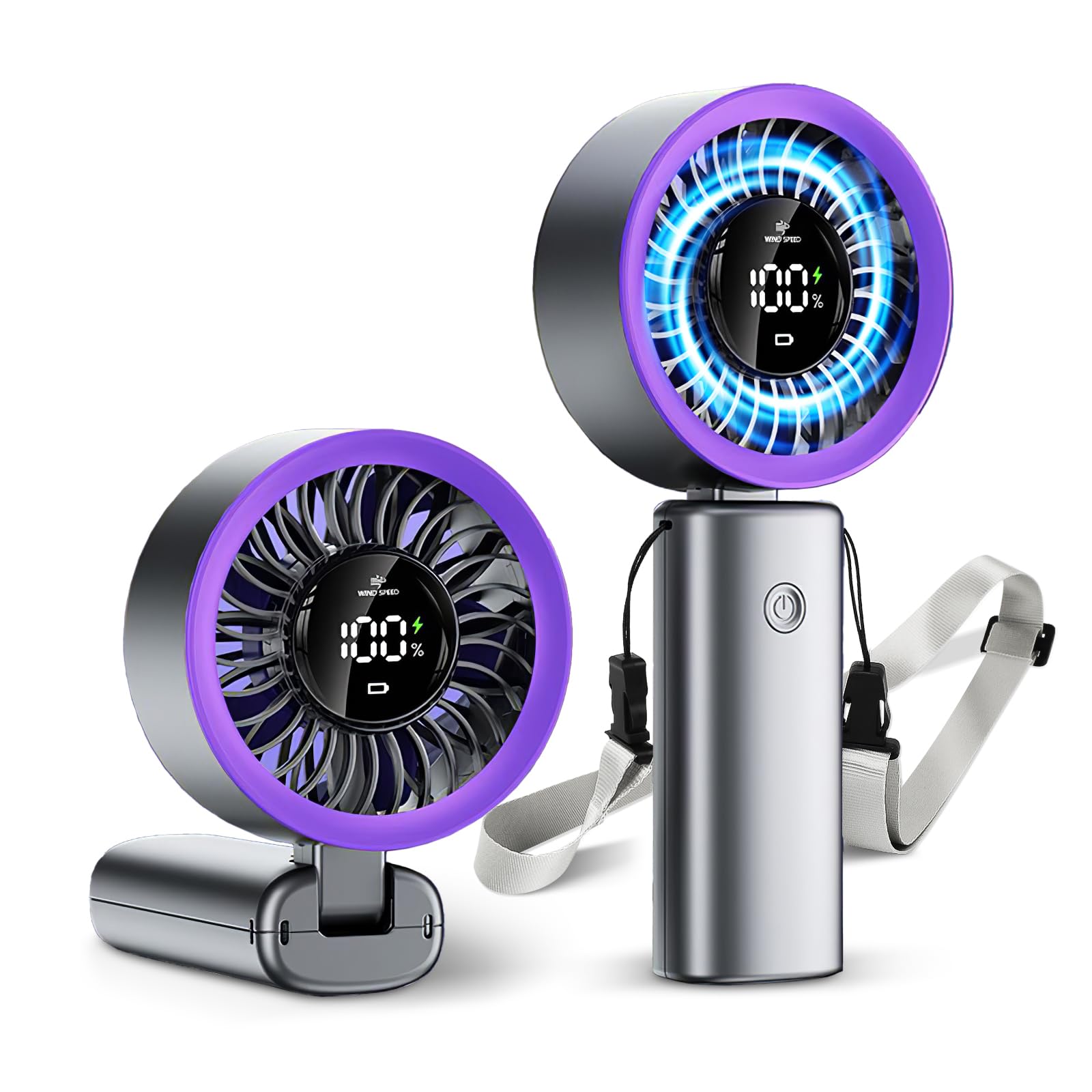 

Handheld Fan with 100 Speed and LED Portable Fan with Powerful Speed Instant Strap LED Battery Level Heatstroke Outdoor and Commuting Settings,