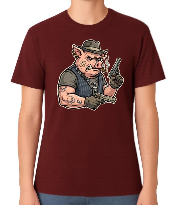 Gangster Pig Cartoon Graphic T-Shirt Funny Thug Gang Guns Tough Attitude Tee XXXXL