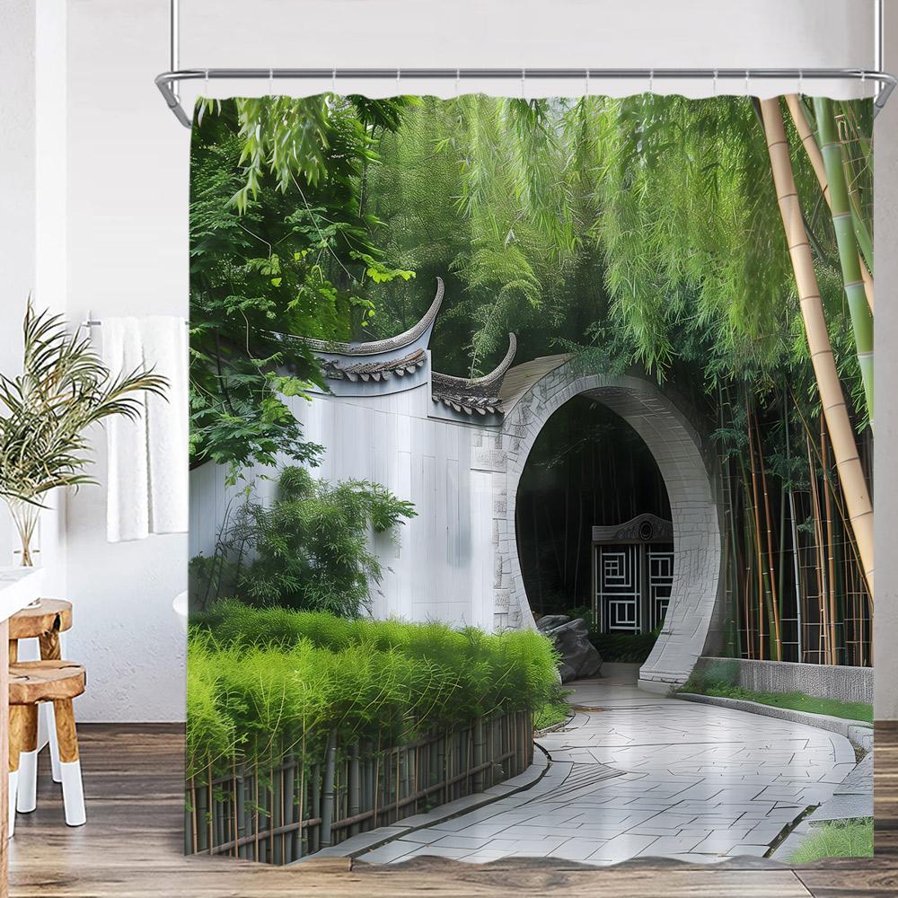 Chinese Courtyard Shower Curtain Arch Door Green Tree Bamboo Yard Path Garden Classical Bathroom Decor Bath Curtain with Hook