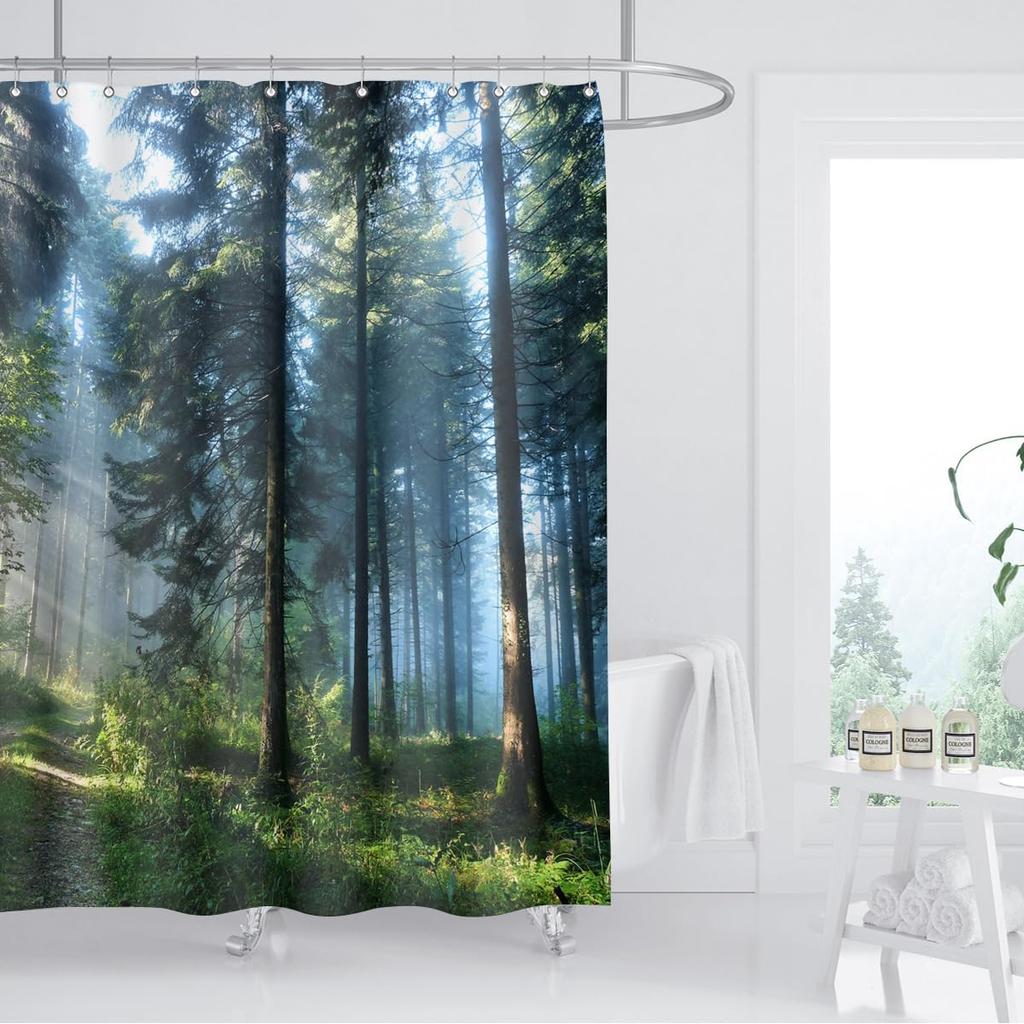 Trees Forest Sunlight Shower Curtain Straight Tall Trees Sunshine Attractive Nature Landscape Waterproof Fabric Bathroom Decor