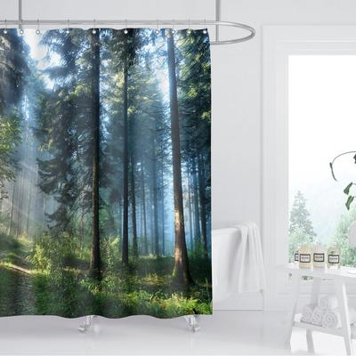 Tree Forest Sunshine Shower Curtain Natural Landscape Waterproof Fabric Plastic Hook for Bathroom Decoration 12 Pcs