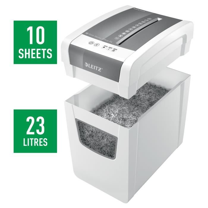 Destructeur de documents - Leitz - IQ Slim Home Office - Coupe croisée - 10 feuilles - 23 litres