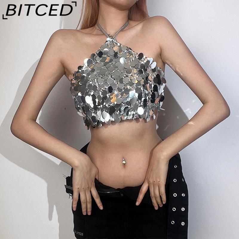 BITCED Summer Women's Fashion Sexy Halterneck Backless Sequinned Crop Top