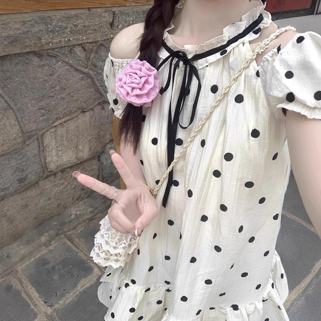 French Sweet Off-the-shoulder Polka Dot Dress Women's Summer New Small Temperament Fluffy Short Skirt Doll Skirt