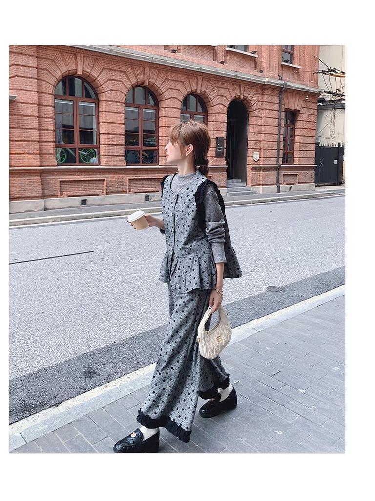 Damesett i koreansk stil med grå polkadotter, tredelt vestdrakt - Elegant høst/vinter moden stil