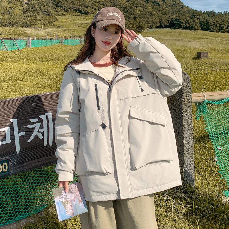 

Куртка женская зимняя большого размера короткая рабочая новая студенческая свободная с капюшоном повседневная куртка XXXXL бежевый