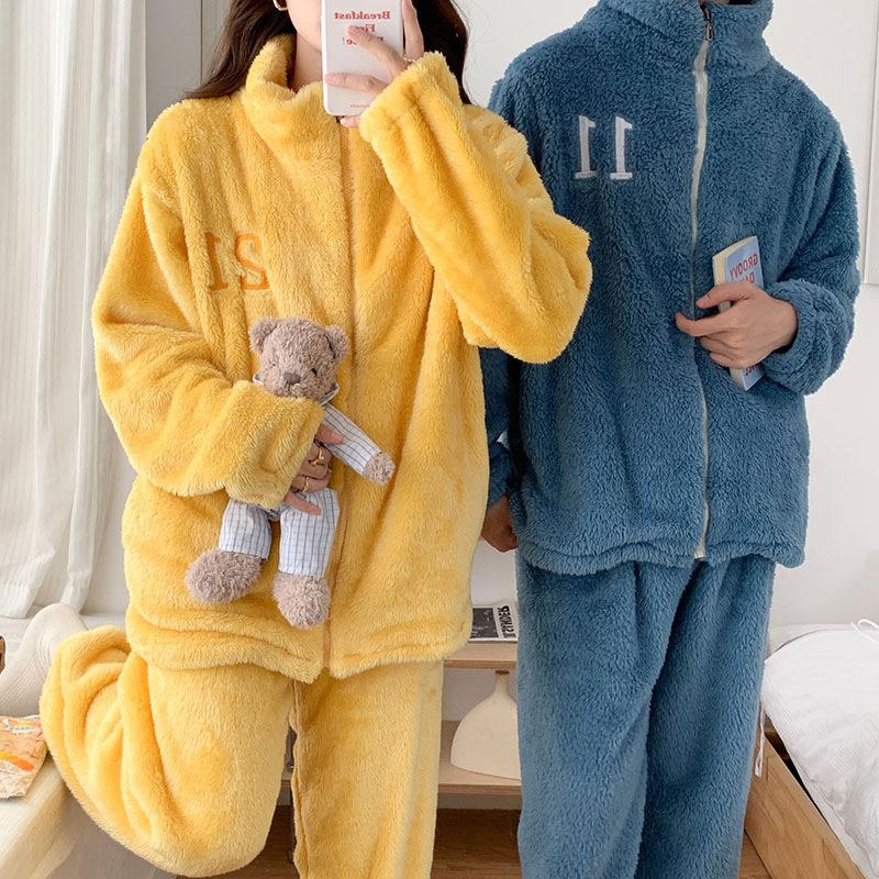 Autumn Winter Couples Flannel Thickened Warm Pajamas Women's Long-sleeved Zipper Plush Suit Men's Home Wear