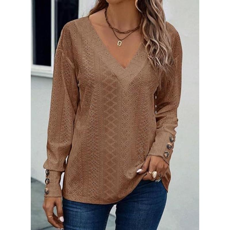 INDFS Damenmode, lässig, einfarbig, bedruckt, Frühling und Herbst, langärmelig, V-Ausschnitt, Pullover und lange Ärmel