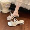 Fashion thick heel cool slippers women's summer wear 2025 new silver sandals bow rhinestone high heels