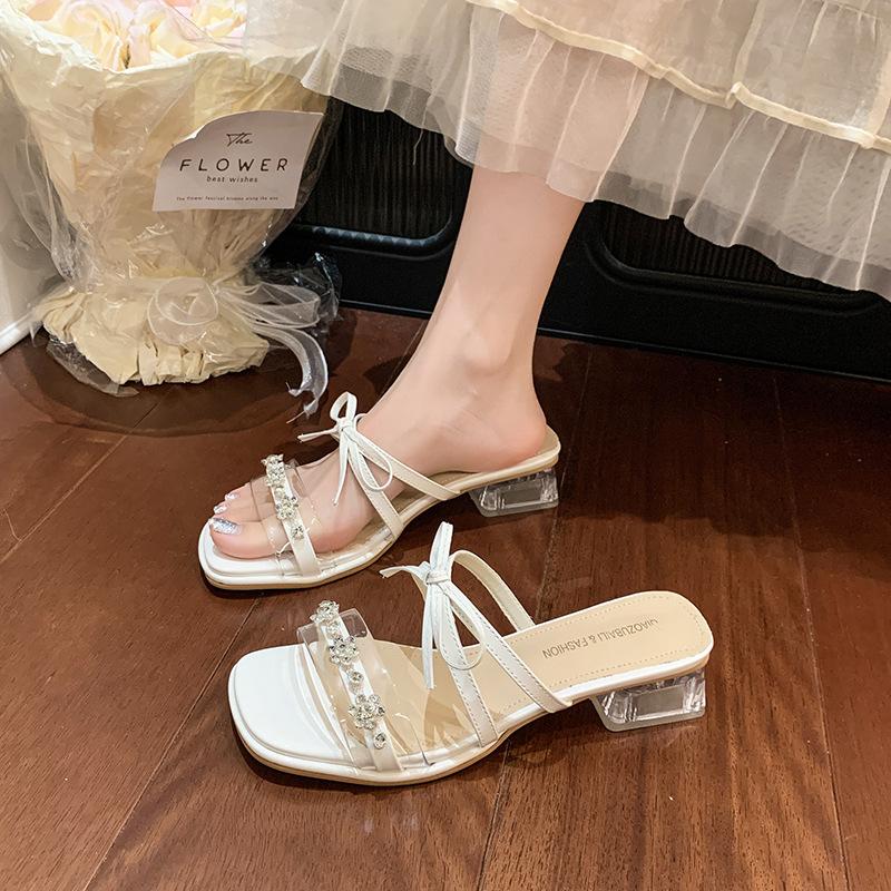 Fashion thick heel cool slippers women's summer wear 2025 new silver sandals bow rhinestone high heels