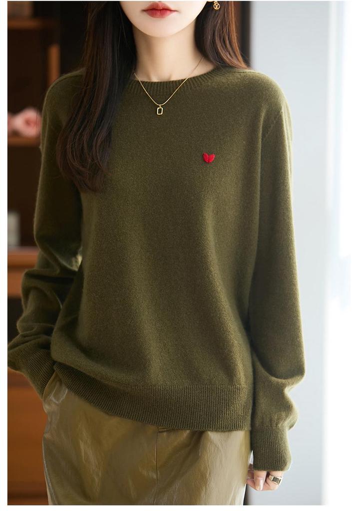 Heart Embroidery Pure Wool Round Neck Pullover Sweater - Autumn/Winter Collection