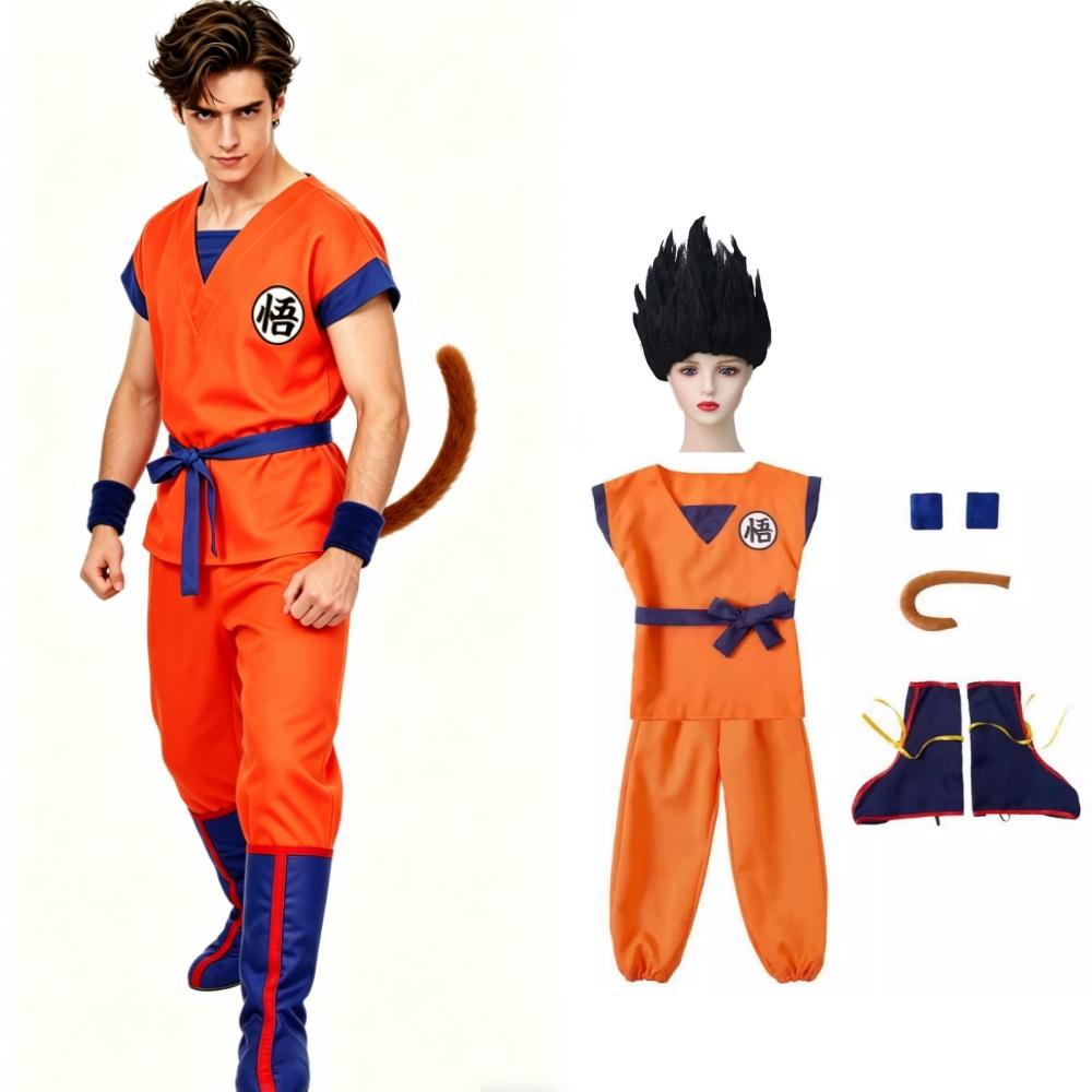 Halloween Adult Son Goku Cosplay Costume Suit Anime Men Woman Krillin Training Clothes Superheroes Saiyan Jumpsuit Role Play Wig