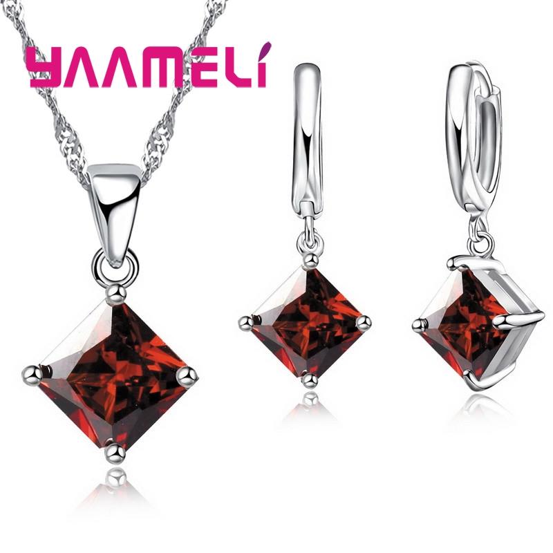 New Fashion Women Pendants Necklace Simple Geometry Square Earrings Crystal 925 Silver Color Jewelry Sets for Wedding