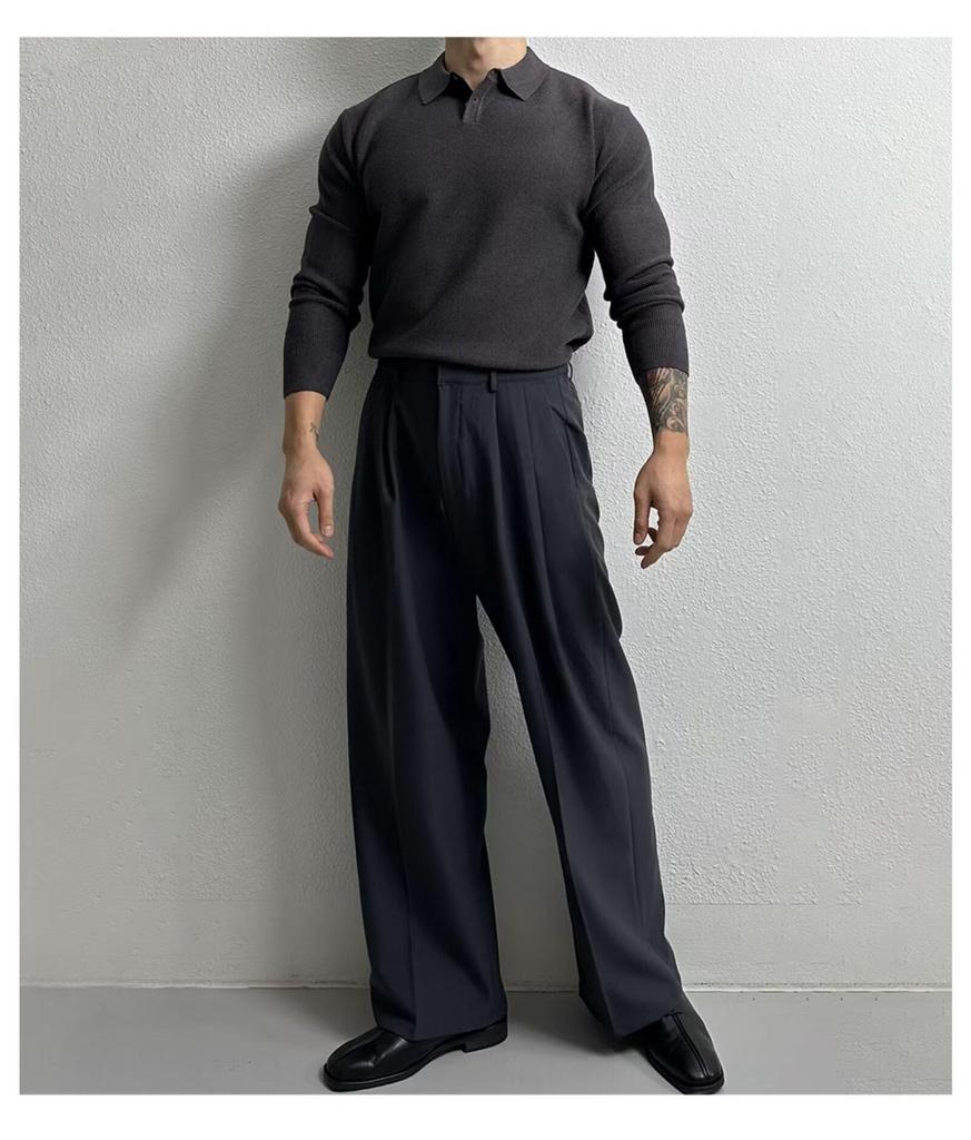 Polo en maille tendance décontracté haut de gamme pour homme à manches longues - Style coréen Printemps/Automne, Pull ample légèrement mature et polyvalent