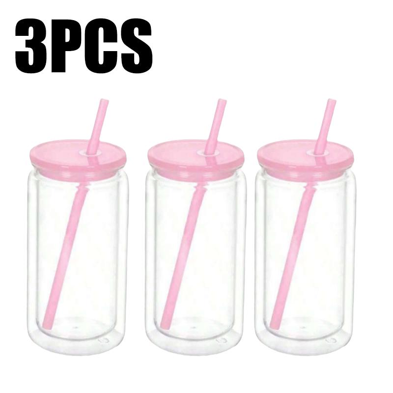 1/1/1PC 16OZ Double Wall Snowglobe Tumbler with Pre-Drilled Hole Reusable Drinks Cups With Straw Break-Resistant Mason Jar Cups