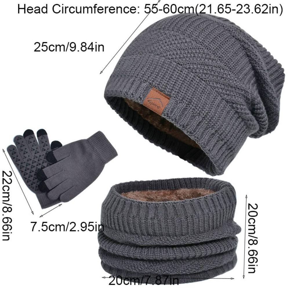 3pcs Solid Color Hat Scarf Gloves Set Warm Thicken Thermal Knit Cap Neck Protector Fleece Lined Winter Beanie Hat Cold Weather