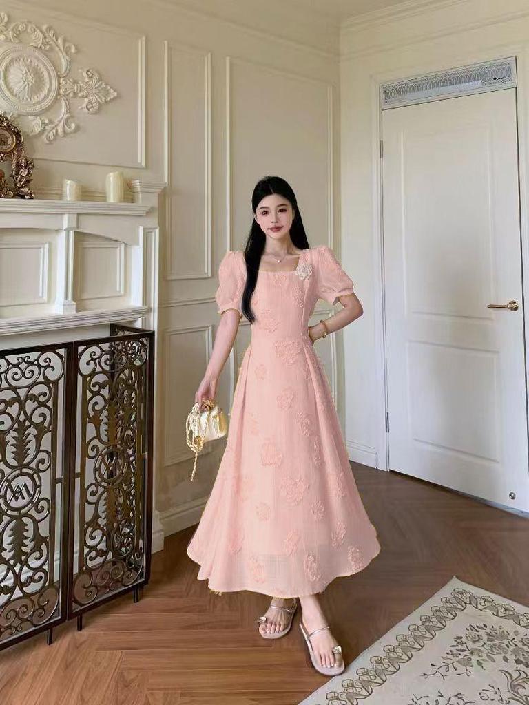 Plus Size French Retro Floral Square Neck Summer Dress