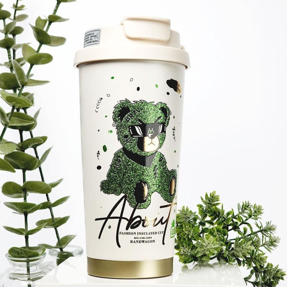 

Portable 520ML Straw Cup Stainless Steel Large Capacity Insulated Cup with Straw Cartoon Bear Printed Water Cup 520ml зелений