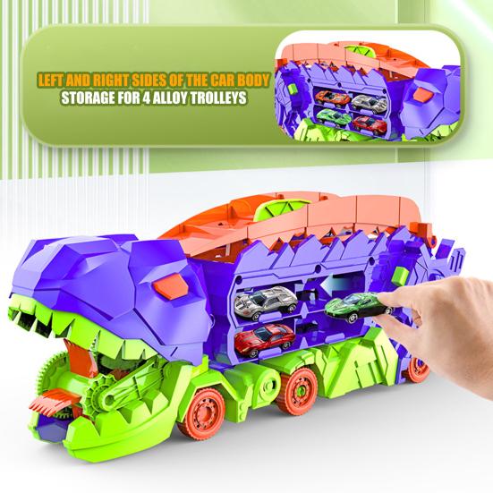 1 Set Dinosaur Swallow Truck Toy with Small Alloy Car Foldable Track Portable Handle Inertial Drive Dinosaur Container Carrier Vehicle Toy Boys Girls