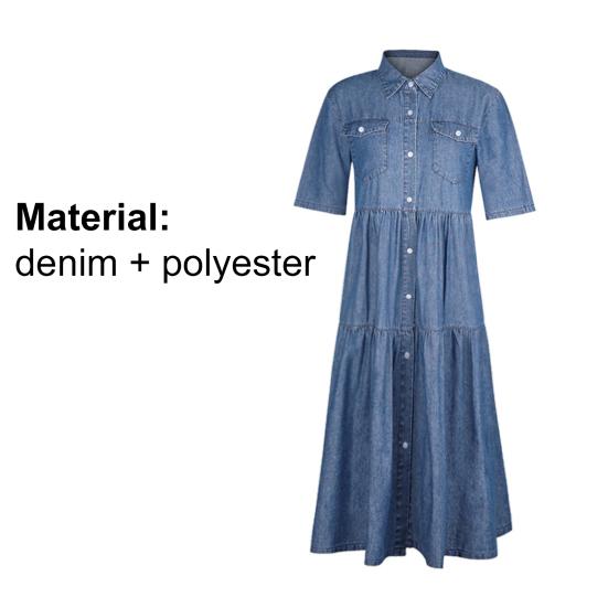 Women Denim Dress Short Sleeve Single-breasted Turn Down Collar Pockets Loose Maxi