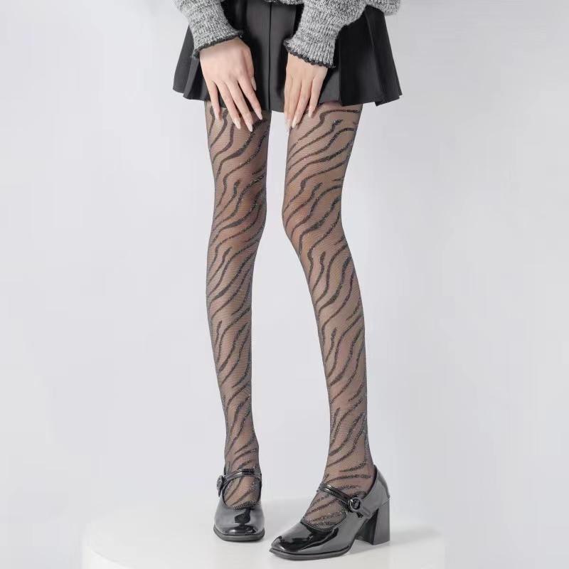 Women Glitter Silver Silk Pantyhose Sexy Zebra Stripes Geometric Pattern Tights High Stockings