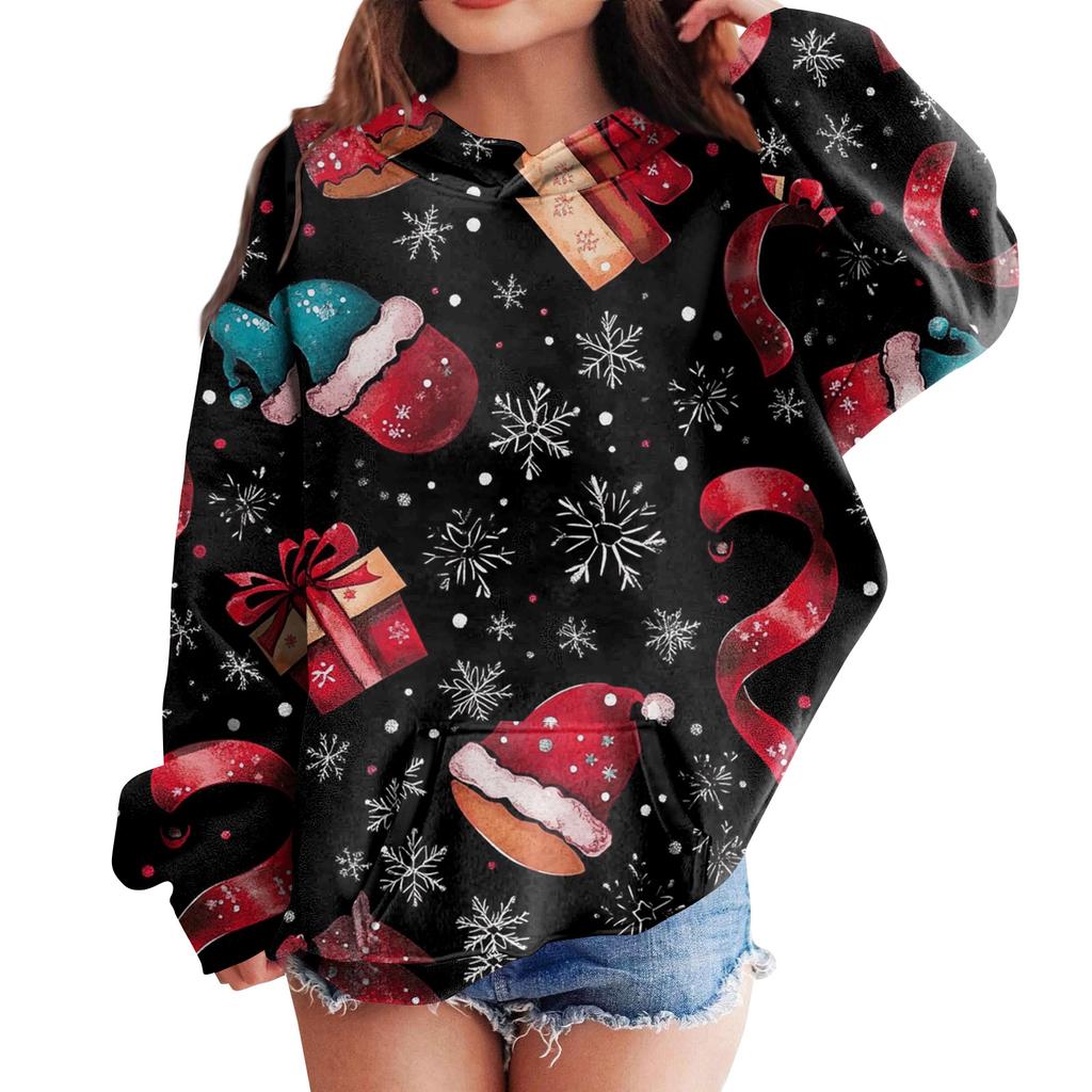 Gensere for tenåringsjenter Hettegensere Langermet Genser med snøring Søt Oversized hettegenser Juledag