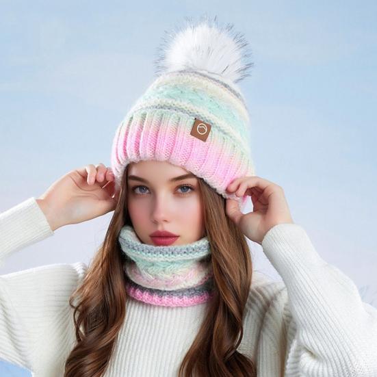 2Pcs/Set Winter Hat Scarf Set Thickened Velvet Lining Colorful Versatile Elastic Fit