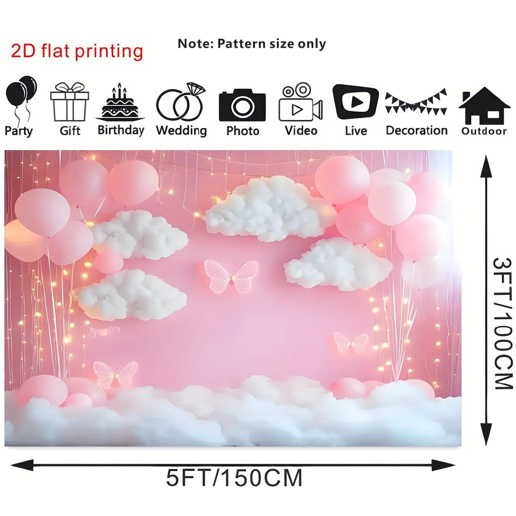 Un tissu de fond plat polyester 2D rose avec des motifs de papillon, de fleur, de nuage et de ballon, adapté aux fêtes