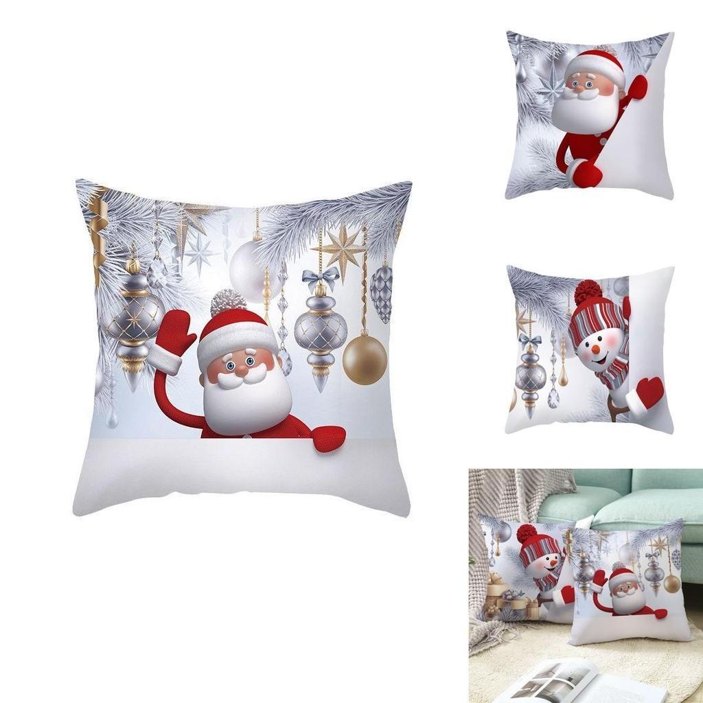 Delightful 18" Christmas Cushion Cover With Santa Claus And Snowman For Festive Sofa Decor