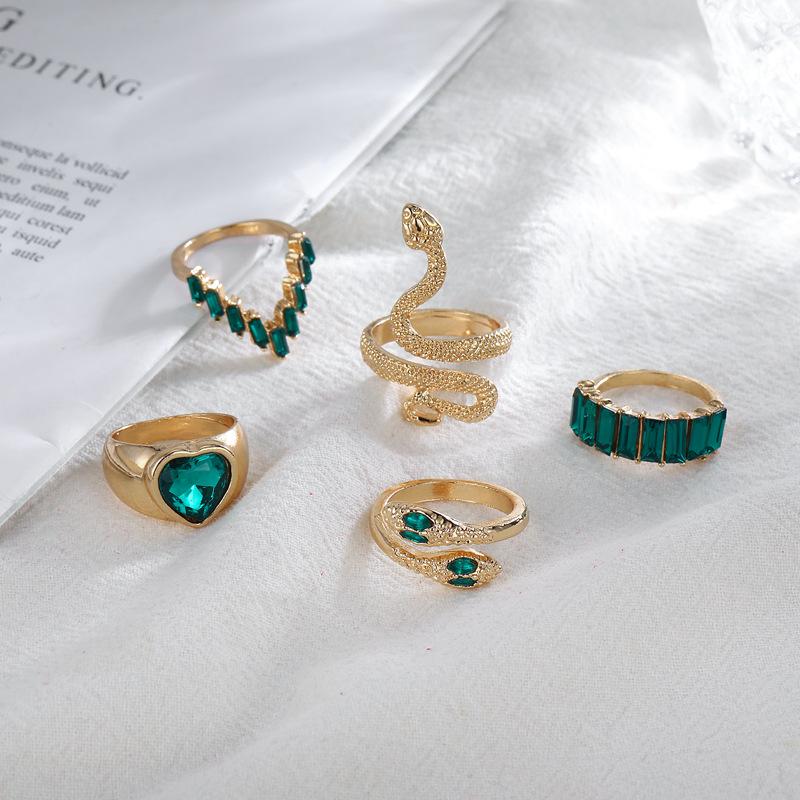 6pcs/set Snake Heart Geometric Ring Emerald and Diamond Ring