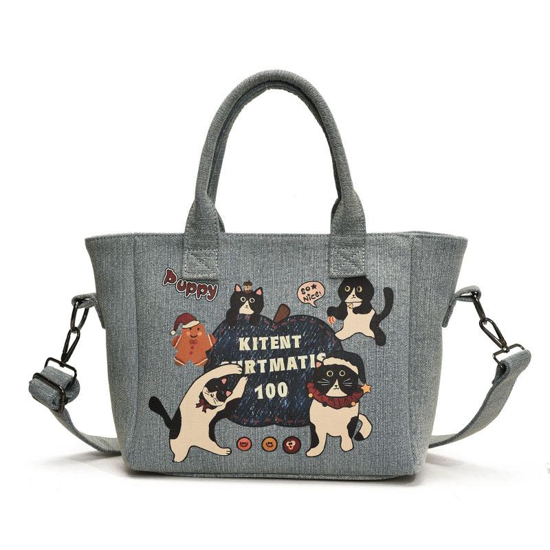 2025 New Trendy Cartoon Cat Print Denim Bucket Bag Versatile Casual Commuter Large Capacity Crossbody Shoulder Bag for Women