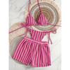 Women Striped Knit Mesh Three Piece Split Bohemian Bikini Swimsuit