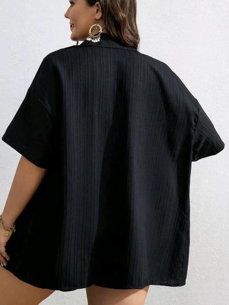 2026 European Plus Size Pleated Short-Sleeve Cardigan & Shorts Set - Women's Casual Vacation Suit