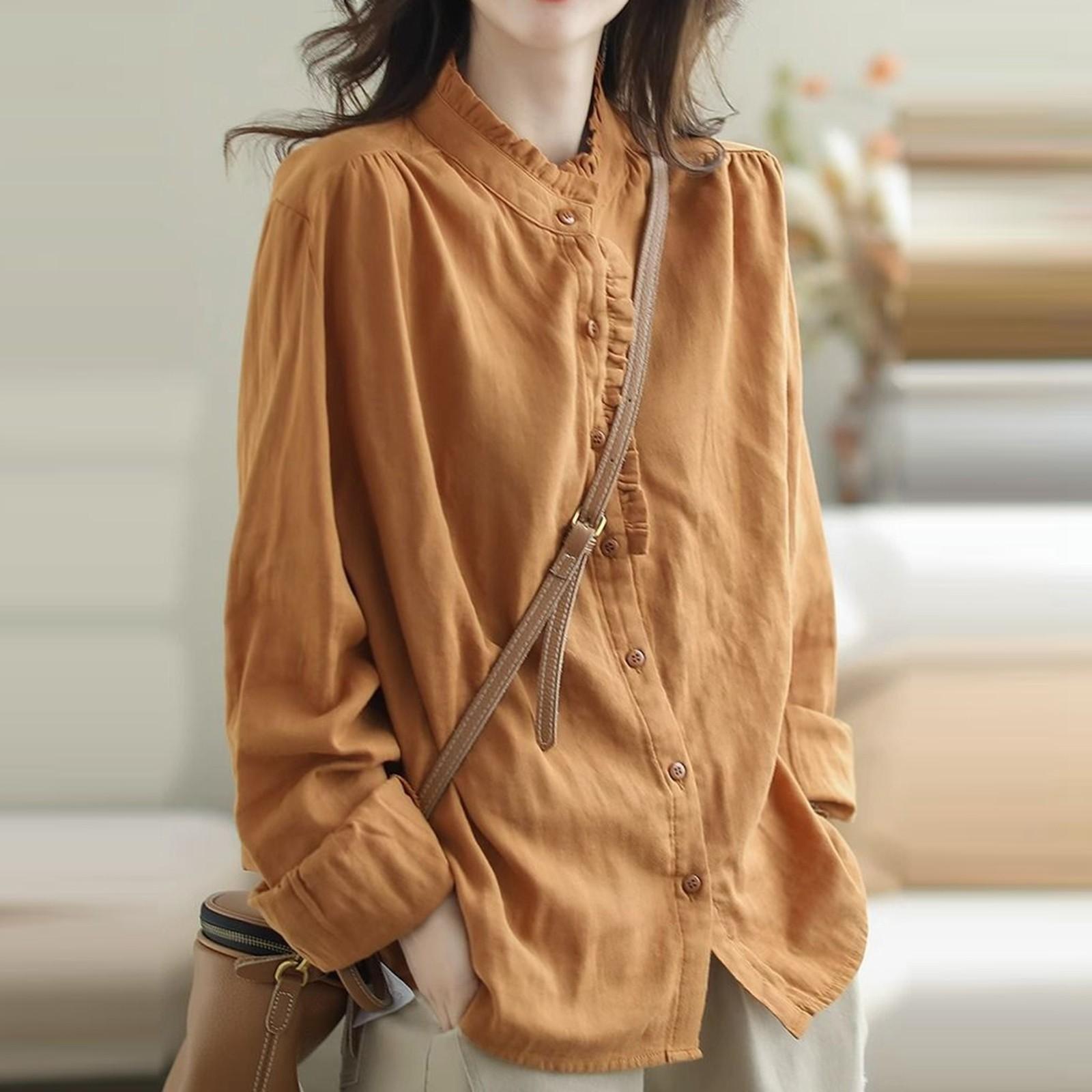 

Винтажные рубашки и блузки из хлопка и льна, летние и осенние, повседневные рубашки с длинным рукавом, рубашки с оборками и пуговицами, свободные блузки, топы XXXL оранжевый