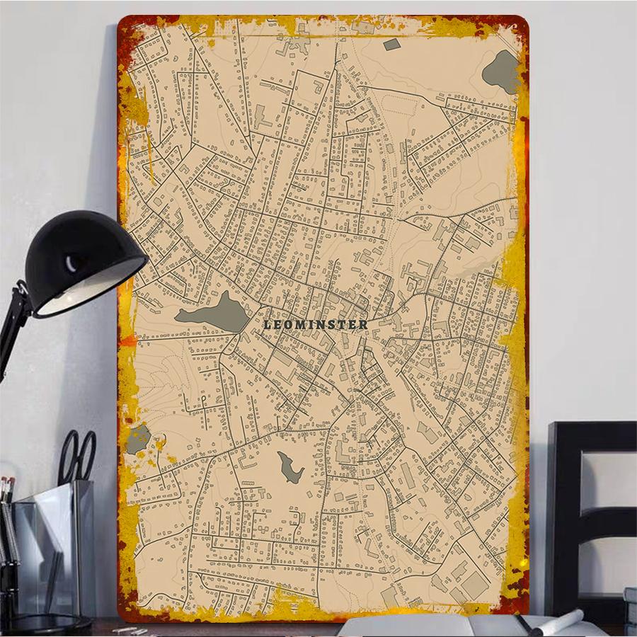 Leominster Vintage City Map Metal Wall Art Decorative Painting for Living Room Study Home Decoration
