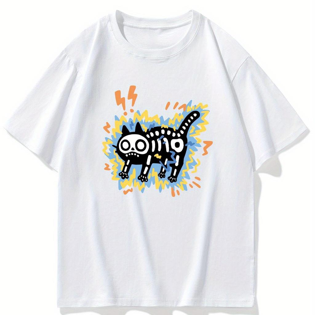 Skeleton Cat with Lightning Graphic TShirt Unisex Women Black Cotton Casual Streetwear Tee