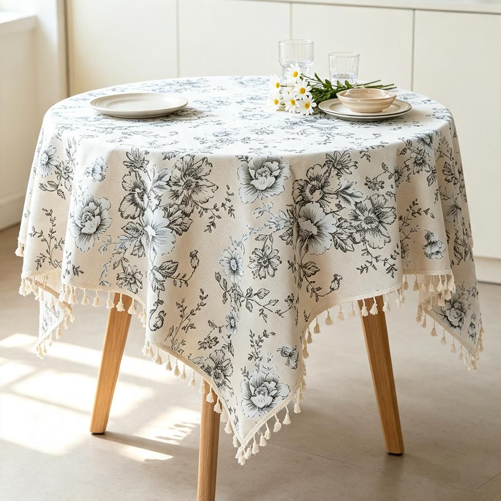 Retro Style Round Tablecloth with A Floral Print Polyester Cotton Blend for Dining Kitchen Tea Parties Garden Buffets and Farmhouse Decor.