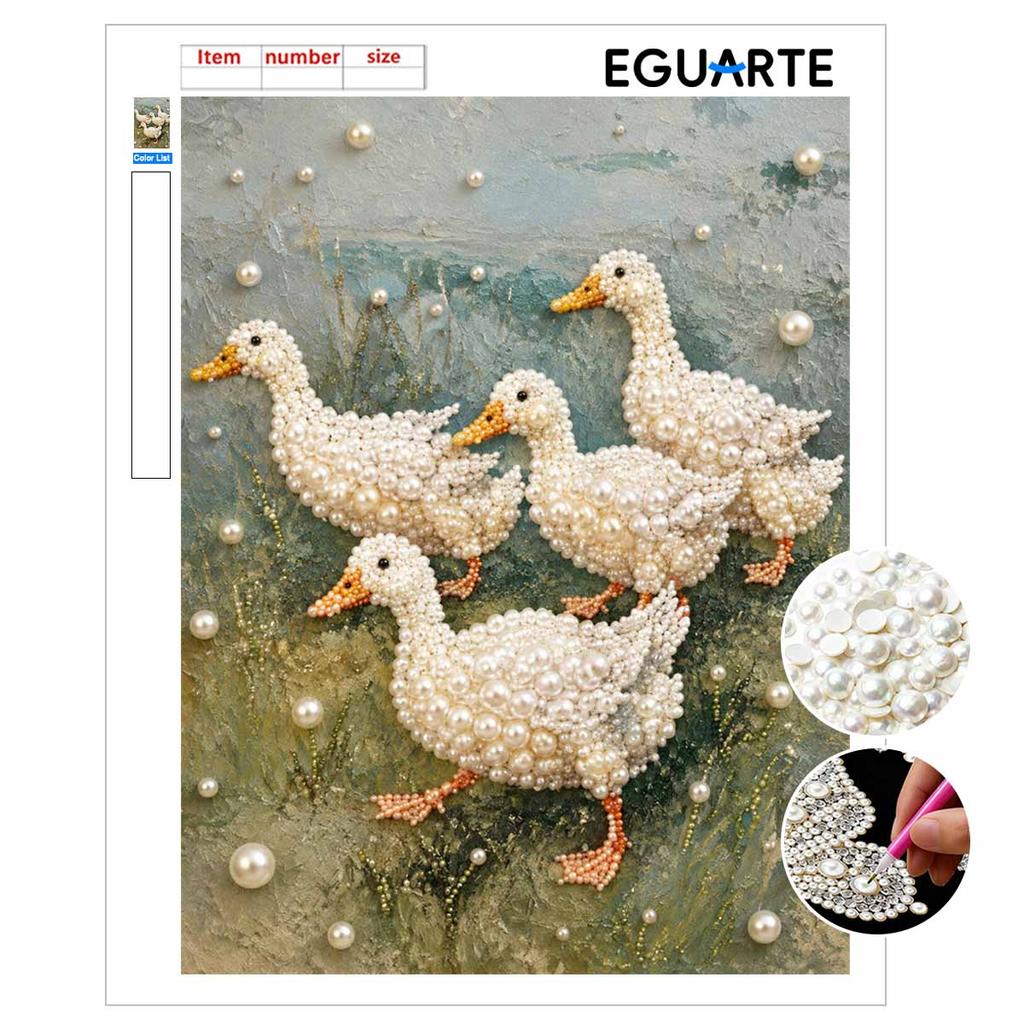 Elegant Framed Pearl Art DIY Set with Cute White Ducks 5D Sparkling Bead Canvas Painting Ready to Display Romantic Home Decor Gift