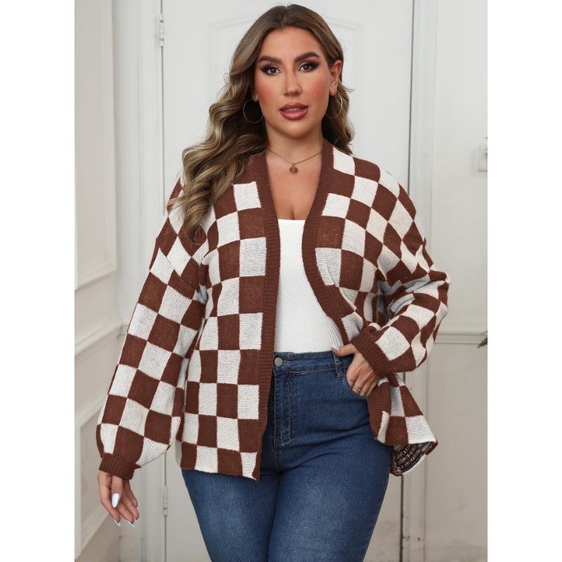 Damen S Übergröße Schachbrettmuster Farbblock Locker gestrickter Cardigan
