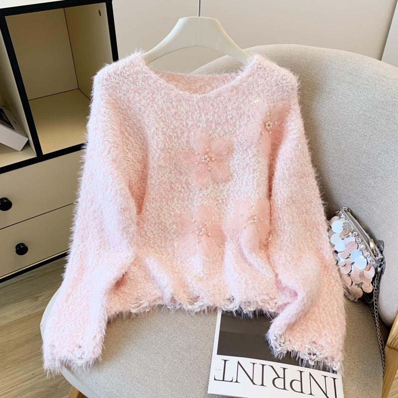 Women's Beaded Flower Faux Mink Knit Sweater