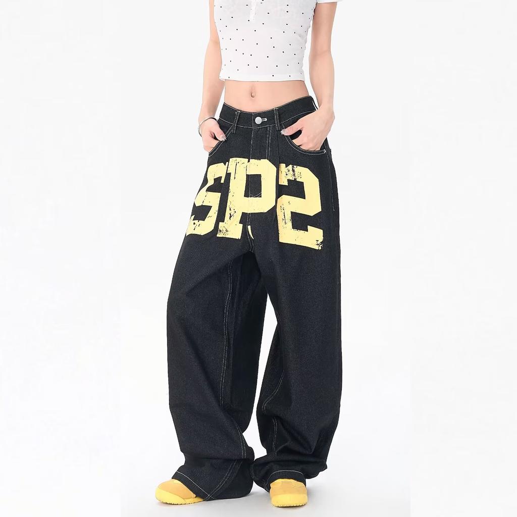 Jeans Larghi Unisex a Vita Media Deostrutturati Vestibilità Larga Vintage Americano Lavato Baggy in Denim Pantaloni Rilassati Lunghi Fino a Terra