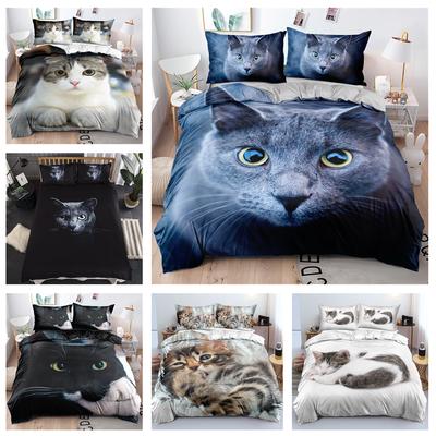 Juego de cama de gato impreso en 3D para niñas, mujeres, patrones de animales, fundas nórdicas y fundas de almohada de plumón, juego de funda nórdica para cama individual de 2/3 piezas, regalo