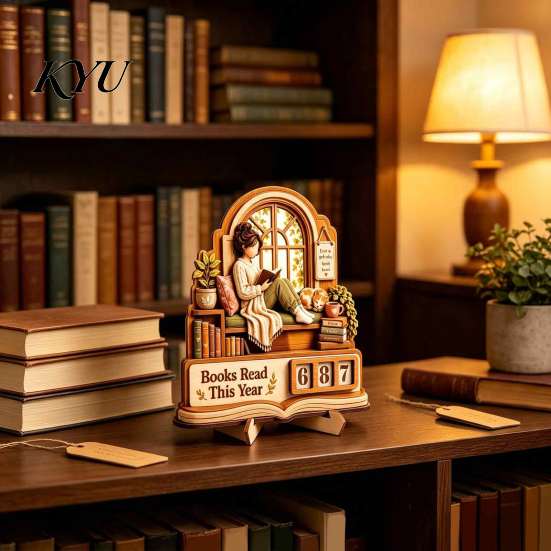 Educational Reading Habit Tool for Kids Book Read This Year Tracker, 3D Layered Wooden Window Goal Tracker Girl Count Stand with Replaceable