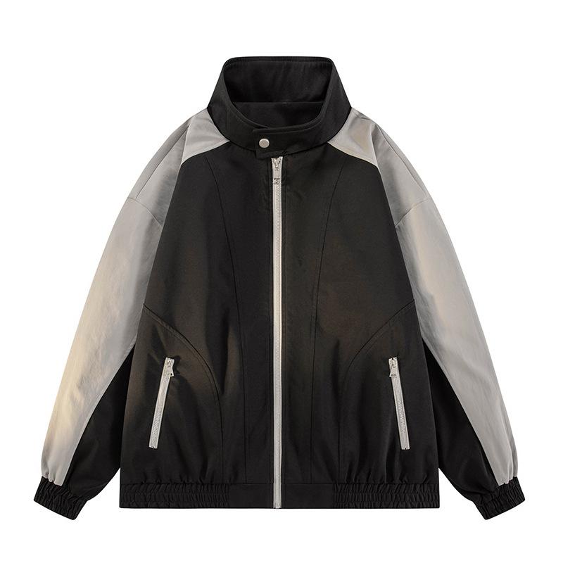 

Men s Color Block Stand Collar Jacket, Zip-Up Casual Windbreaker with Zipper Pockets, Lightweight Streetwear Outerwear for Spring & Autumn M чёрный