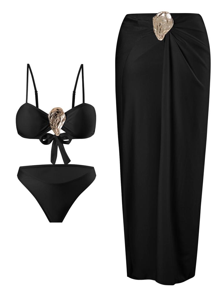 Hot Girl Style Bandeau Two Piece Bikini With Long Skirt Three Piece High Cut Swimsuit Elegant For Vacation