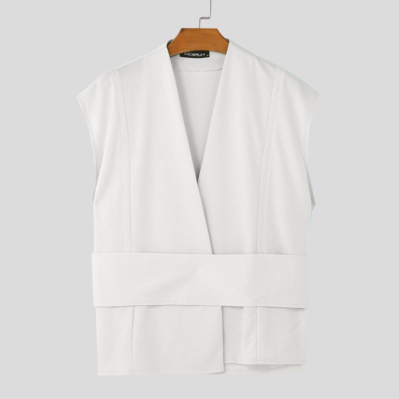 

INCERUN Мужские жилеты без рукавов с перекрестным кроем, повседневные жилеты с ремнем и текстурой на талии, пальто 3XL белый