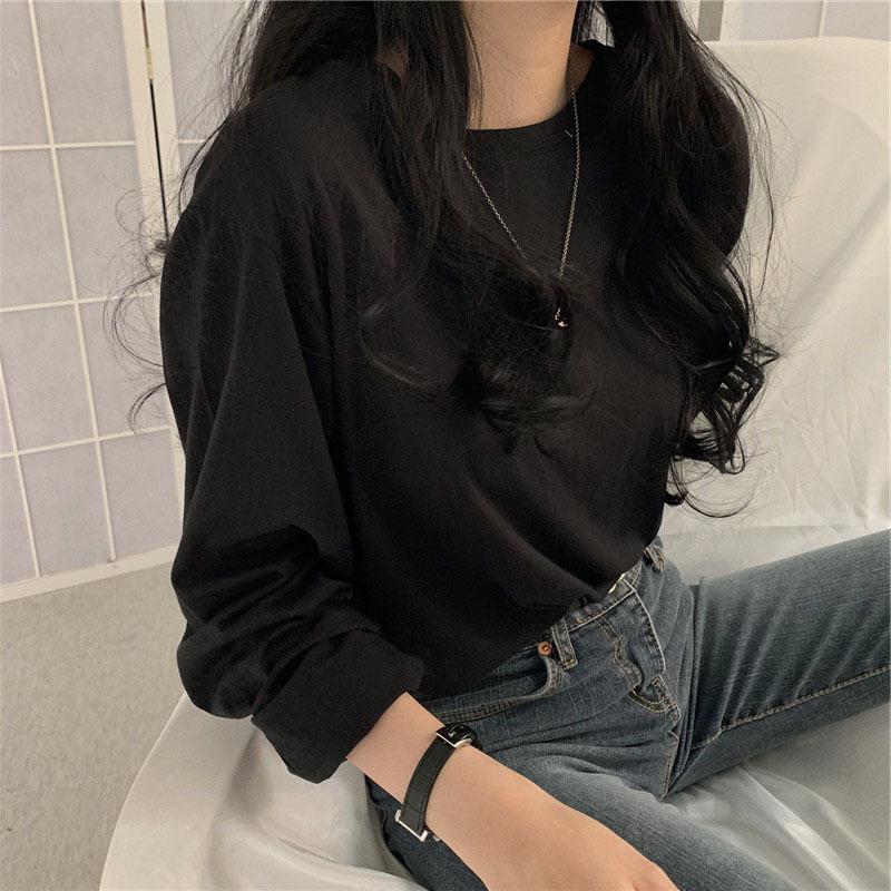 2023 Korean Style Women's Solid Color Long Sleeve T-shirt - Loose Fit, All-Match, for Spring & Autumn
