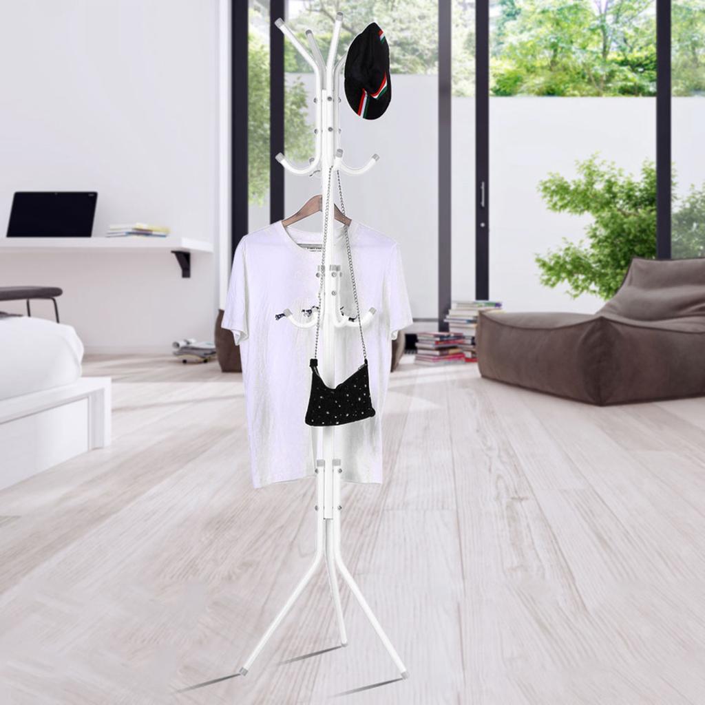 Multi Hook Metal Coat Hat Rack Tree Stand Clothes Bag Hanger Organizer for Home Bedroom (White)