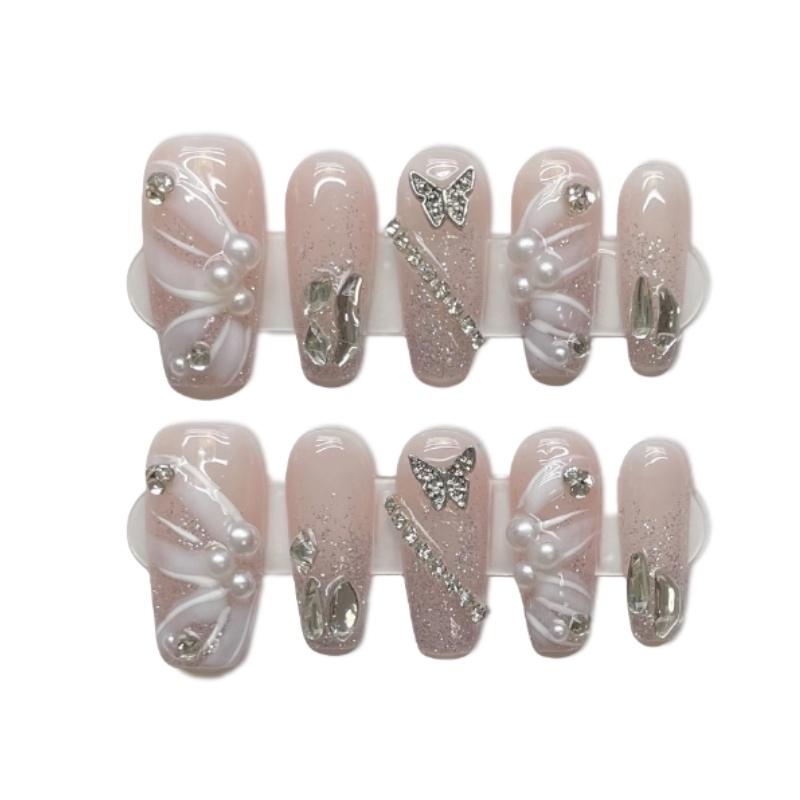

Women Butterfly Sparkling Ribbon Presson Nails Waterproof Removable Jelly Glue Long,L