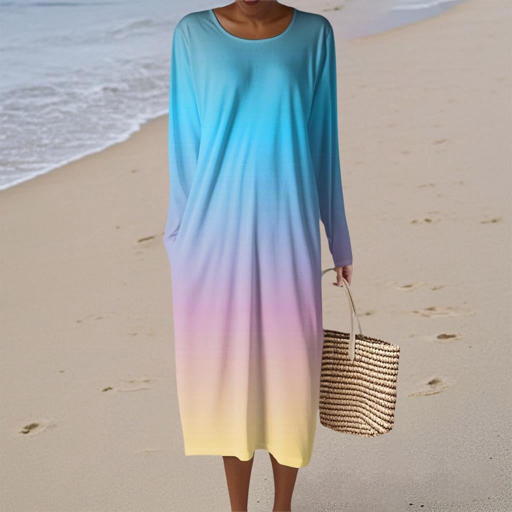 Women's Fashion Casual Long Sleeve Gradient Round Neck Pocket Elegant Temperament Dress